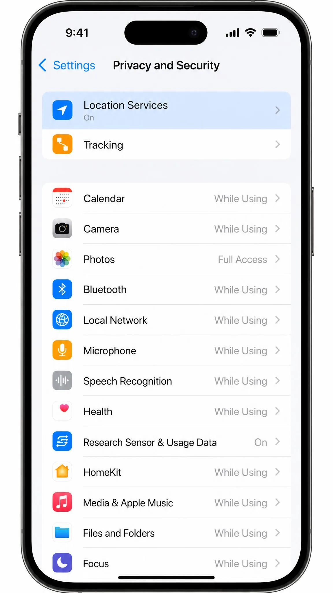 iPhone Settings app open on Privacy and Security with the Location Services row highlighted, showing a list of apps below with their current permission labels.