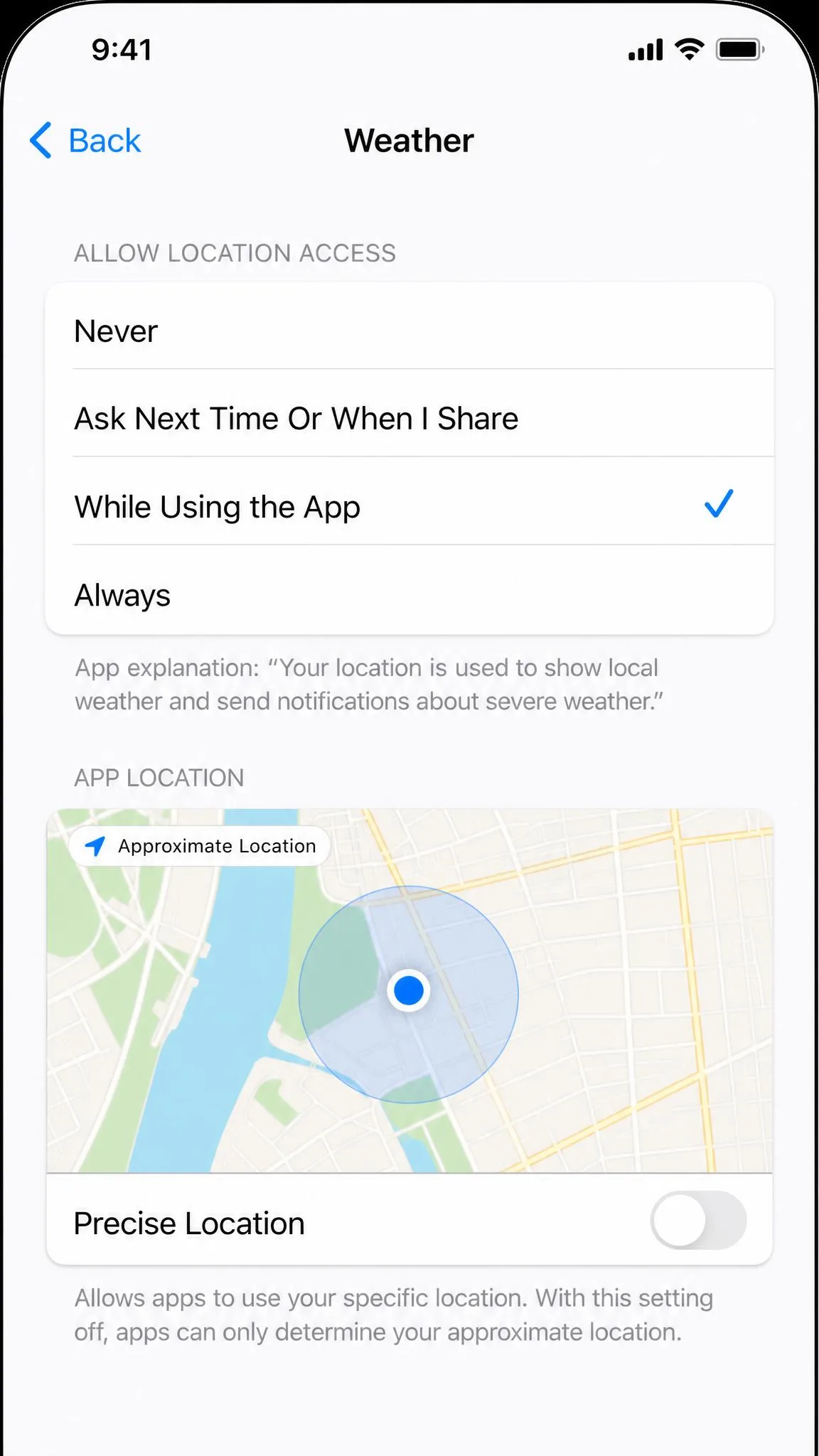 Per-app location permission screen on iPhone showing the four access options with While Using the App selected and the Precise Location toggle switched off below a small map preview.