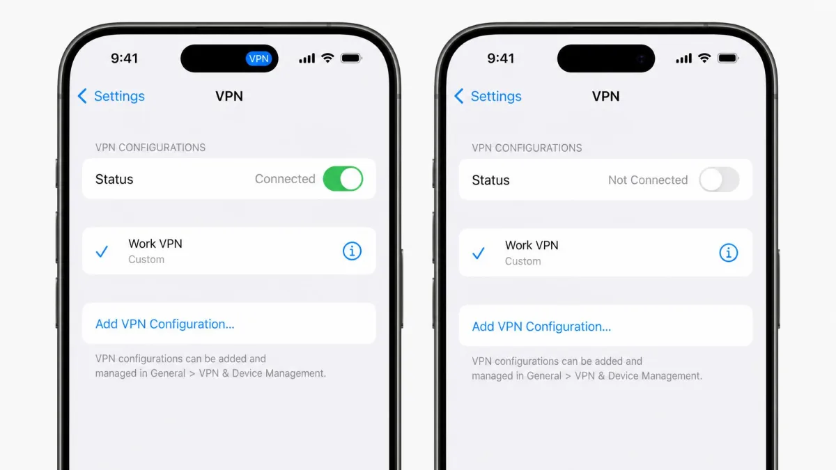 iPhone VPN settings screen showing a connected VPN configuration with the status toggle being switched off and the VPN status bar badge disappearing.