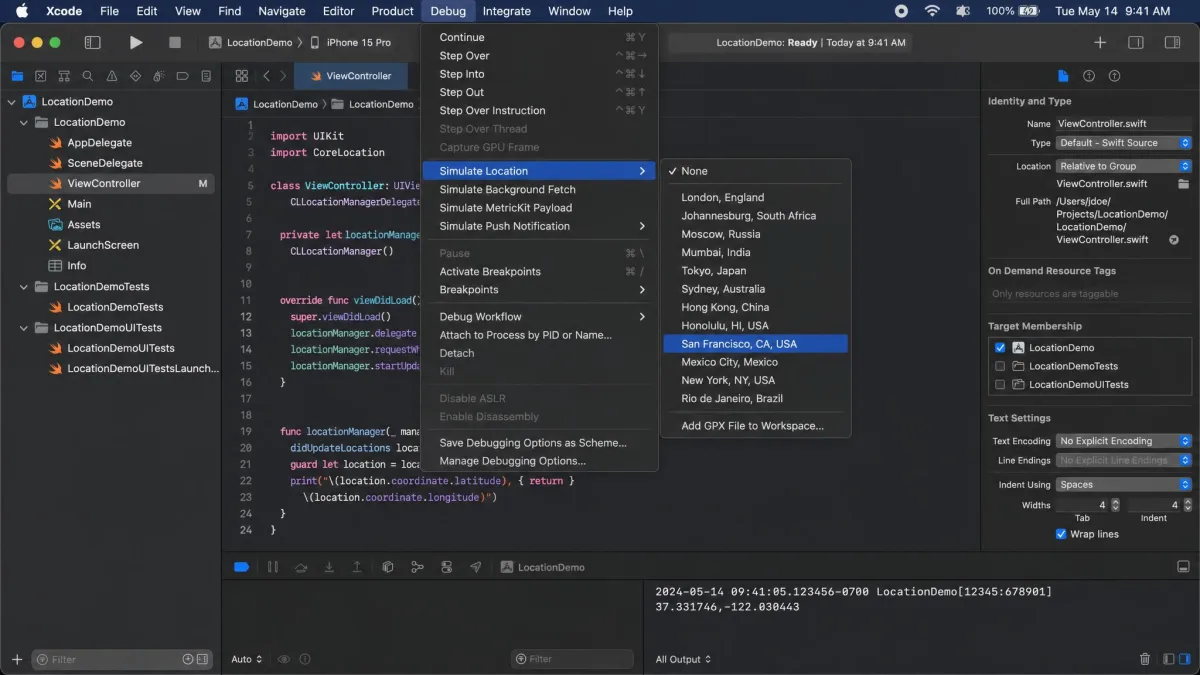 Xcode on a Mac with the Debug menu open and Simulate Location expanded, listing city presets and an Add GPX File to Workspace option, with a connected iPhone shown in the toolbar.