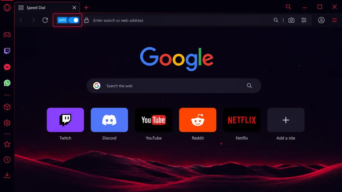 Opera GX browser window with the blue VPN badge highlighted at the left edge of the combined address and search bar, showing the VPN toggled on.