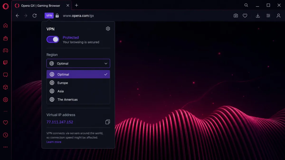 The Opera GX VPN pop-up open below the address bar, showing the region dropdown with Optimal, Europe, Asia, and The Americas listed and the virtual IP address displayed underneath.