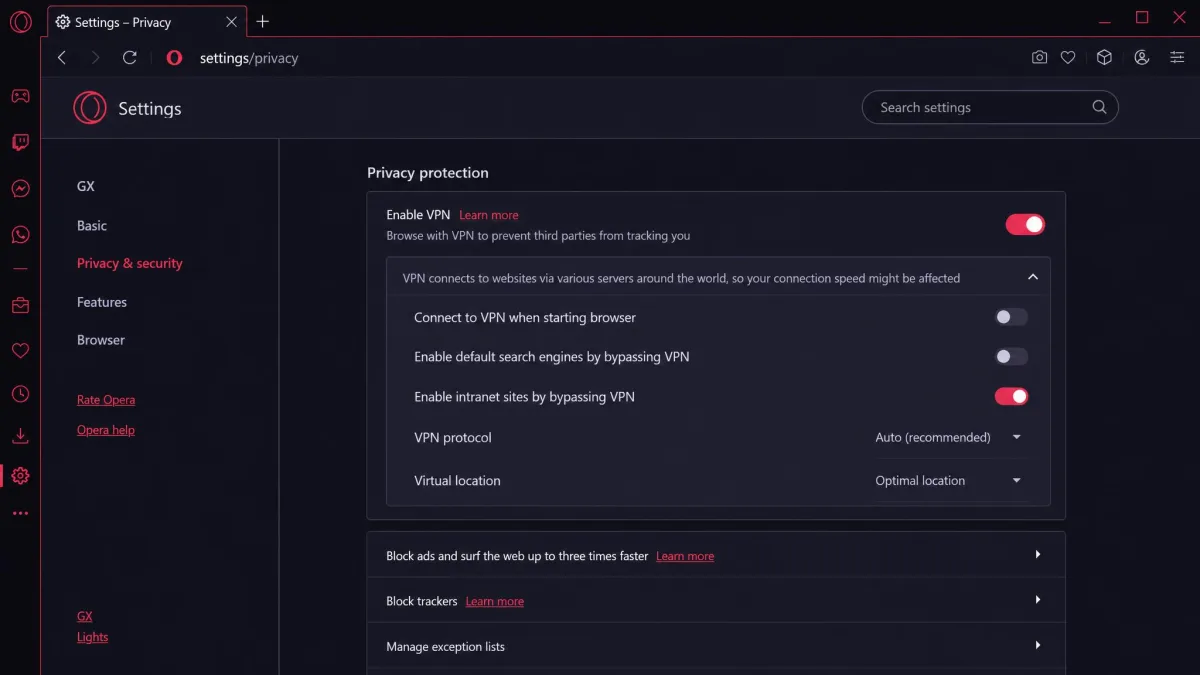 The Opera GX privacy settings page with the Enable VPN toggle switched on and the VPN options panel expanded below it.