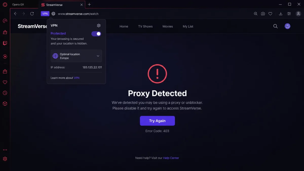 A streaming service in Opera GX showing a proxy-detected error message while the VPN badge in the address bar is active and set to a European region.