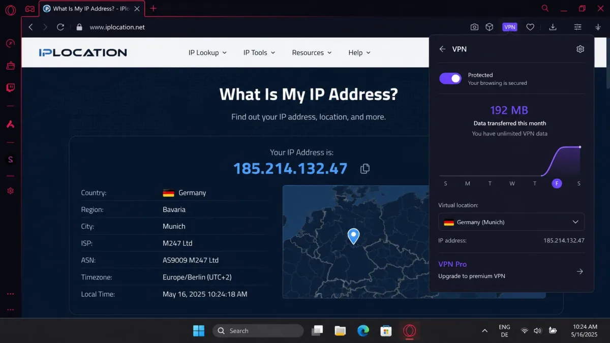 An IP-lookup website open in Opera GX reporting a European city and IP address that matches the region selected in the active VPN pop-up.