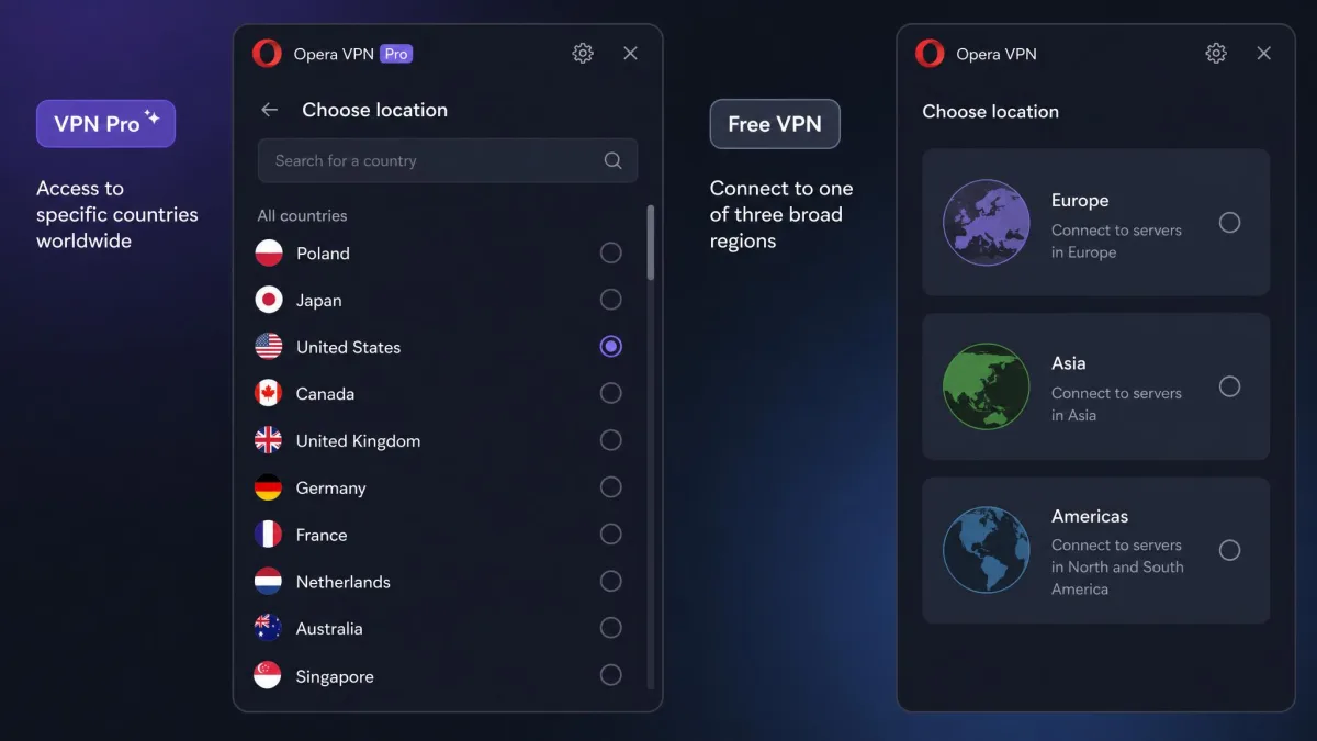 Opera VPN Pro location picker showing a scrollable list of specific countries such as Poland, Japan, and the United States, contrasting with the free tier's three broad regions.