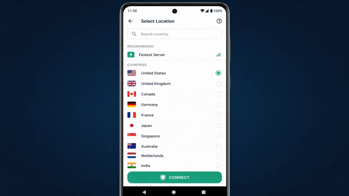 A VPN Android app on a phone screen showing the country selection list with a search field, flags beside each country, and a large Connect button at the bottom.