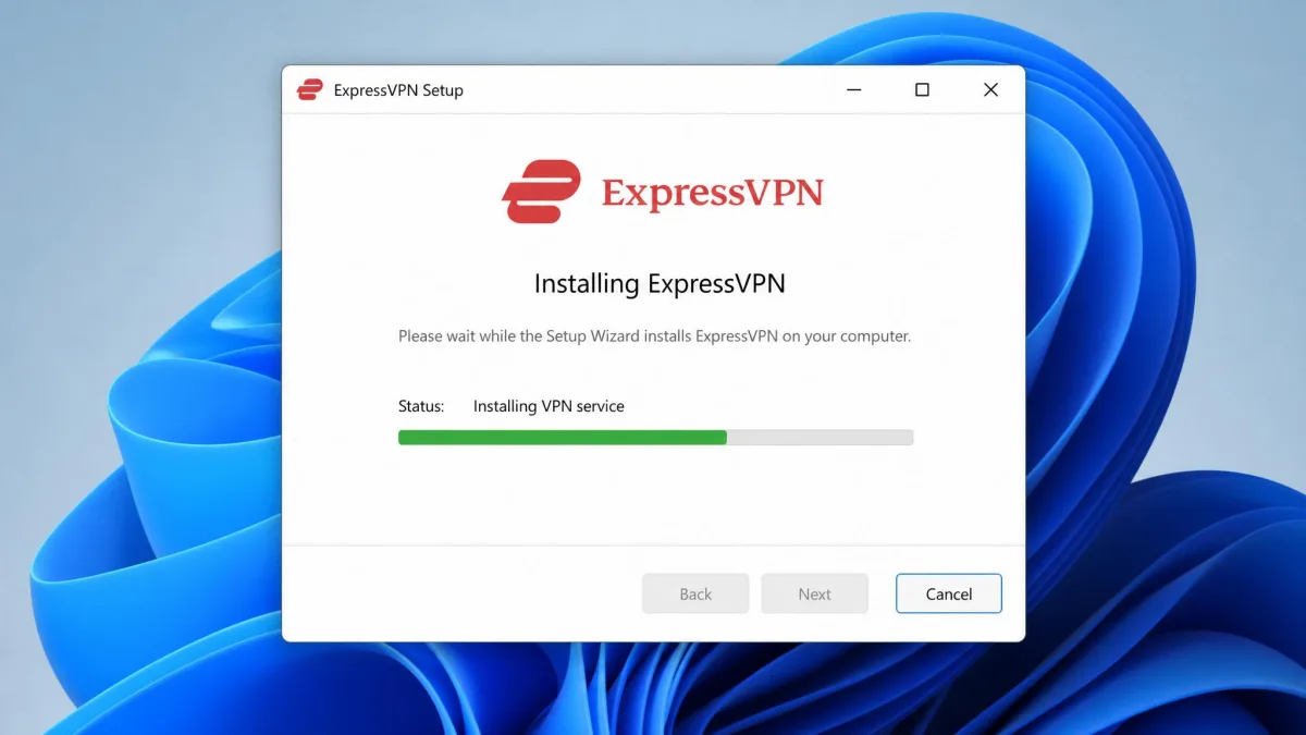A VPN desktop app installer window on Windows showing the setup progress bar partway through installation, with the provider logo at the top.