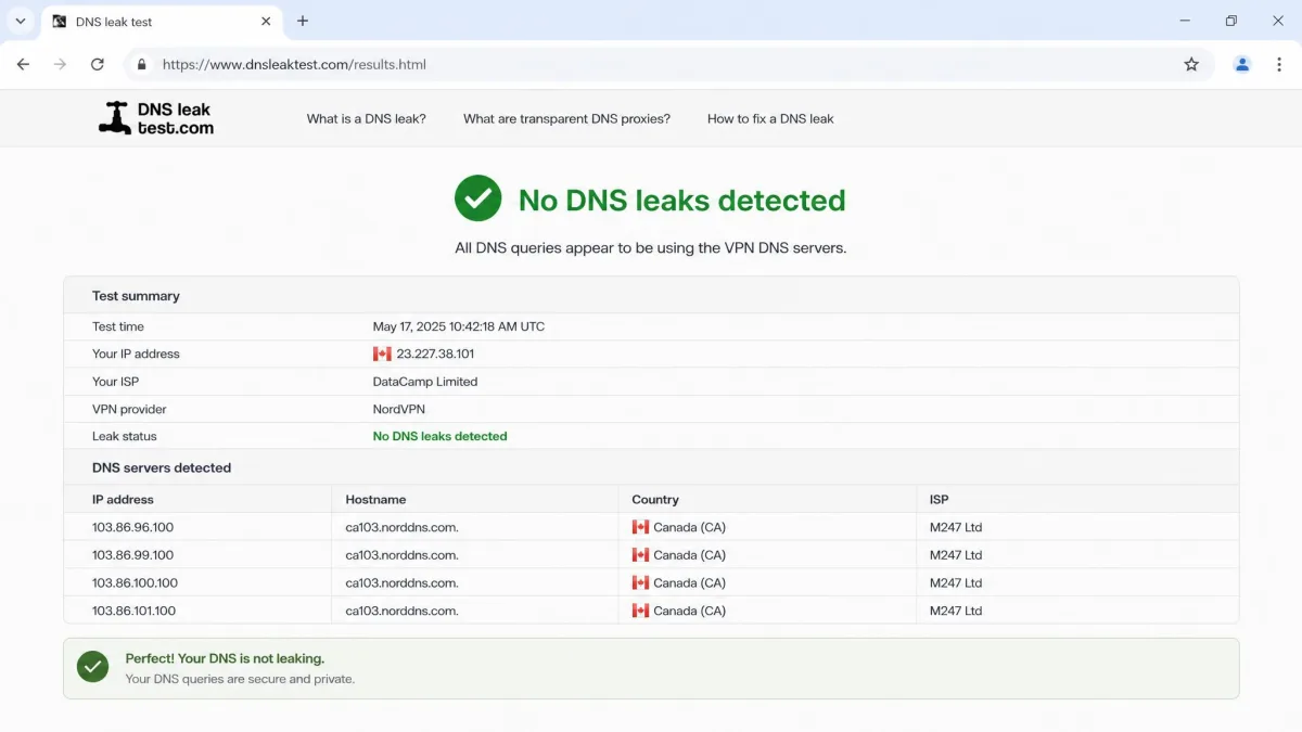 A DNS leak test results page in a browser showing a list of DNS server locations, all matching the VPN country, with a green pass indicator.