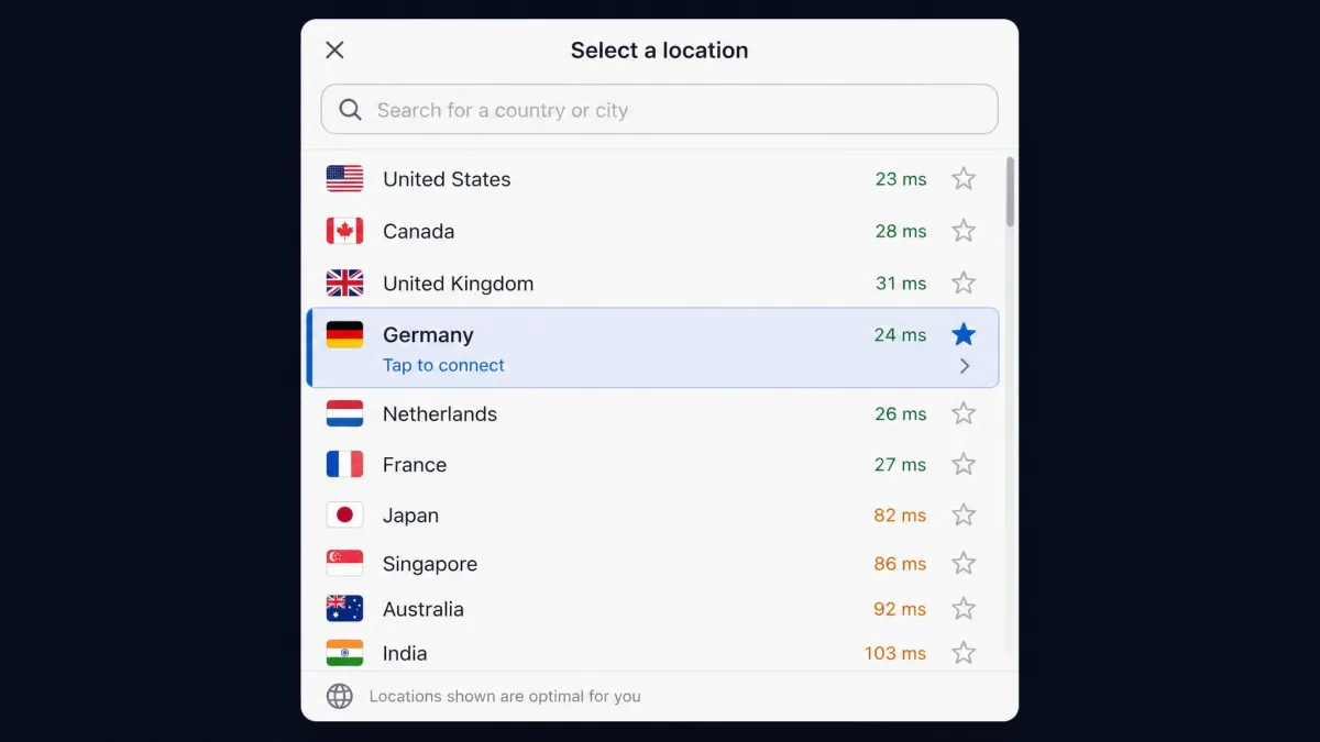 A VPN app location picker showing a scrollable list of countries with flags, a search box at the top, and one country highlighted ready to connect.