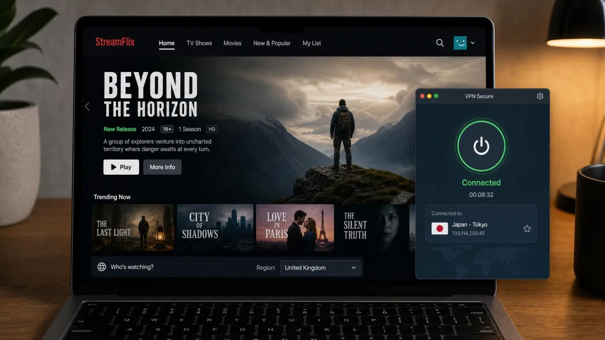 A laptop screen showing a streaming service home page with a region selector, next to a VPN app connected to a foreign server in a smaller window.