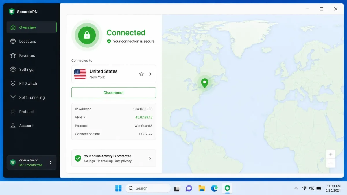 A VPN app on Windows showing a green connected status, the chosen country name, and a map of the server location filling the main panel.