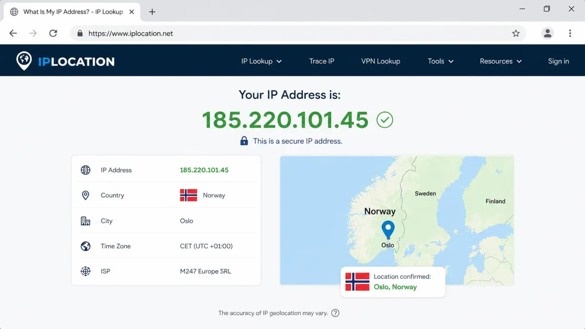An IP-lookup website in a browser displaying a changed IP address and a country flag confirming the VPN server's location on a small map.
