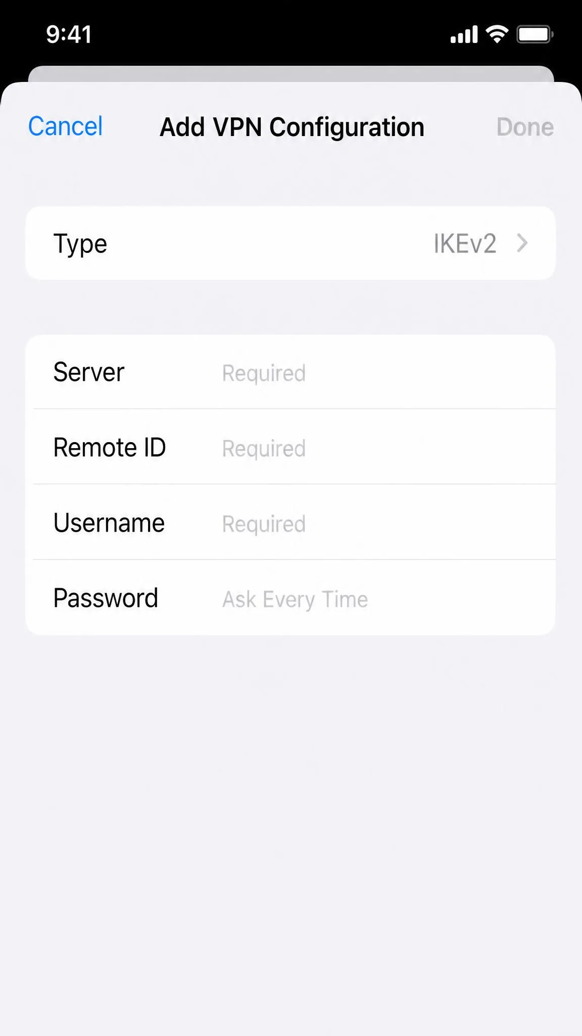 The iOS Add VPN Configuration screen on an iPhone showing the Type selector set to IKEv2, plus empty Server, Remote ID, Username, and Password fields ready for manual entry.