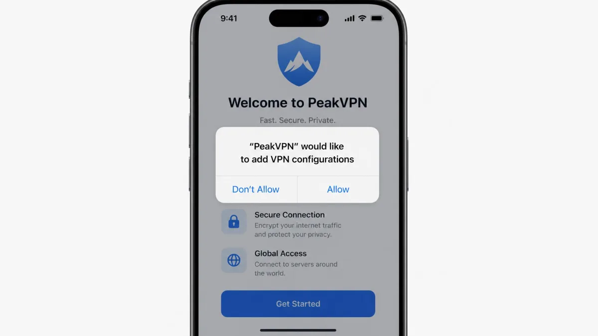 An iOS permission dialog on an iPhone reading "would like to add VPN configurations" with Allow and Don't Allow buttons, shown during a new VPN app's first setup.