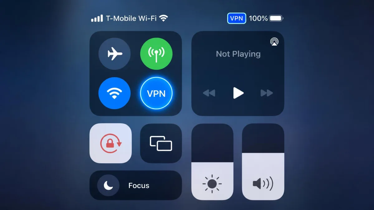iPhone Control Center open showing the VPN status icon highlighted, confirming an active VPN connection alongside Wi-Fi and cellular toggles.