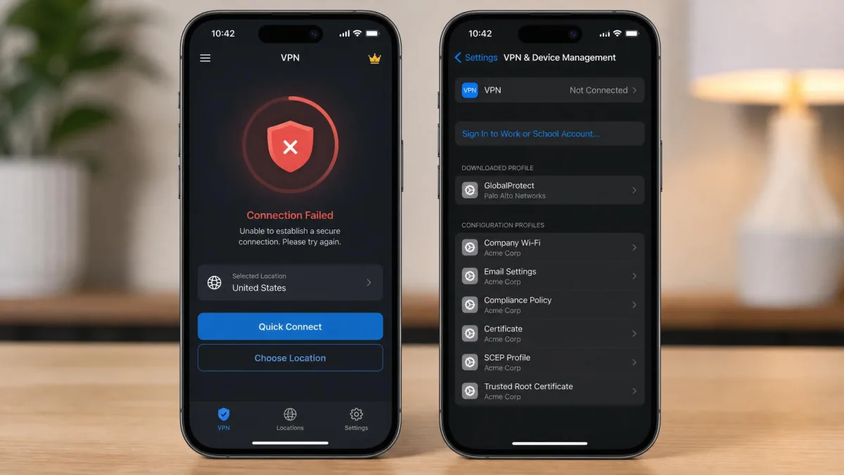 An iPhone showing a VPN app with a failed connection error message, alongside the Settings VPN and Device Management screen listing multiple installed profiles.