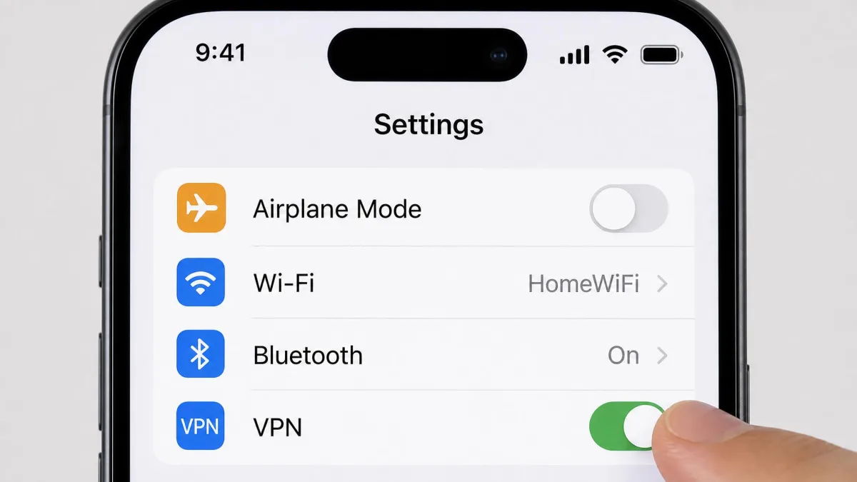 Close-up of the VPN toggle in the first group of the iPhone Settings main page, with a finger switching it from Off to On.