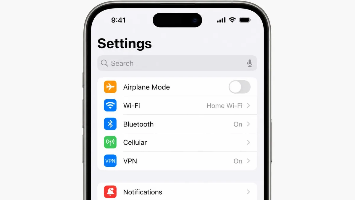 iPhone Settings main page showing the VPN row in the first group of settings with a status toggle set to On, indicating an active VPN connection.