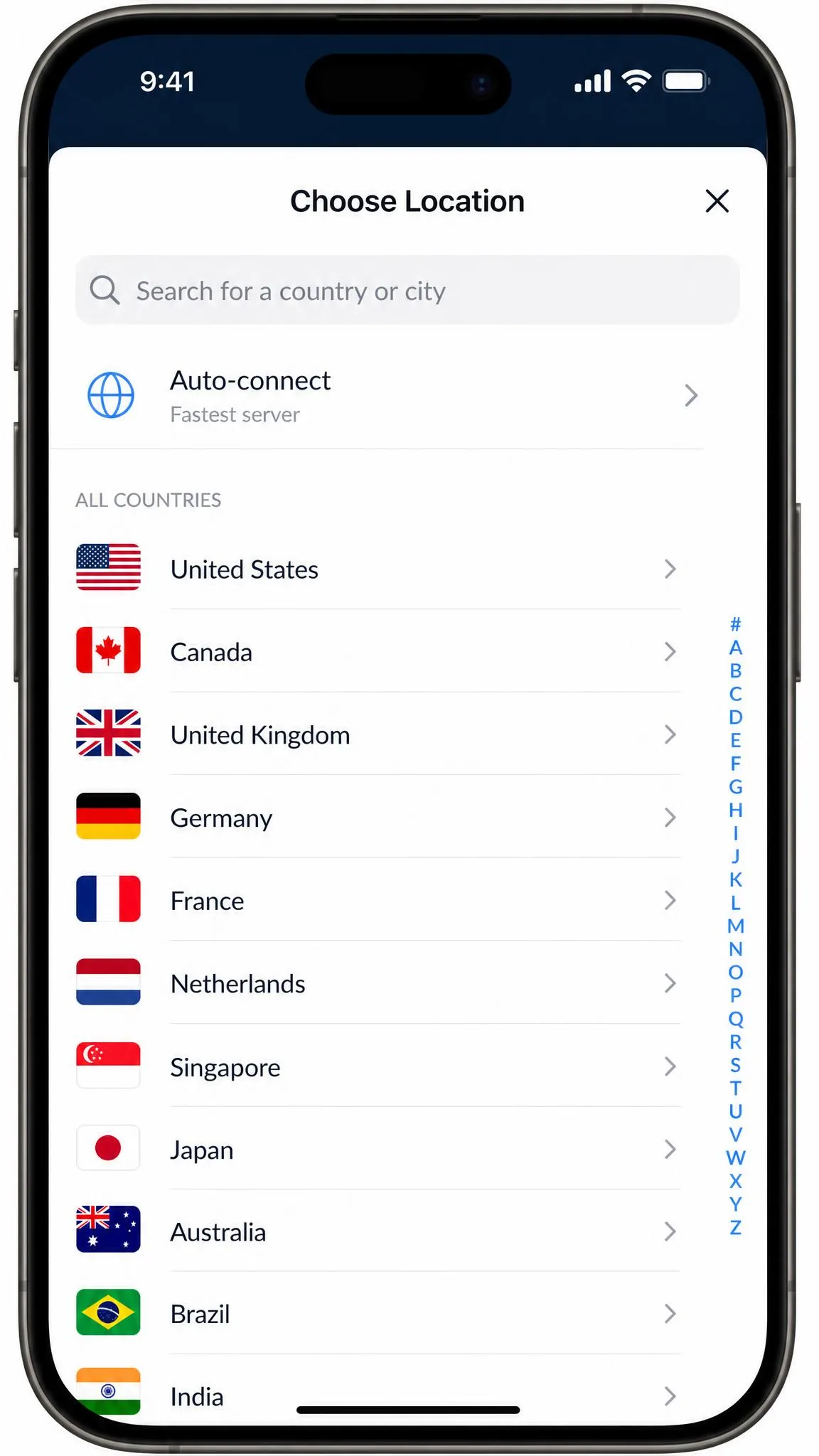A VPN app's server location list open on an iPhone, showing a scrollable list of countries with flag icons and a search bar at the top for finding a specific server.