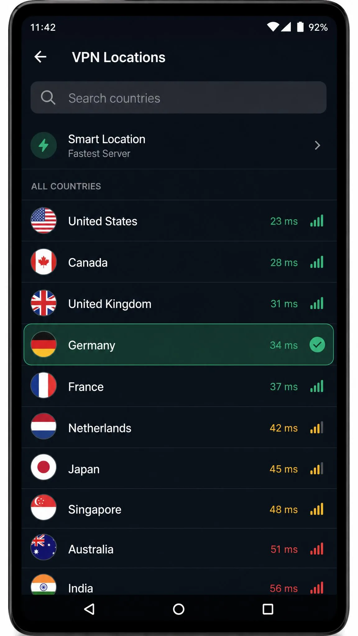 An Android VPN app open to its country list, with a search bar at the top and several countries shown, one highlighted as the user selects a new server.