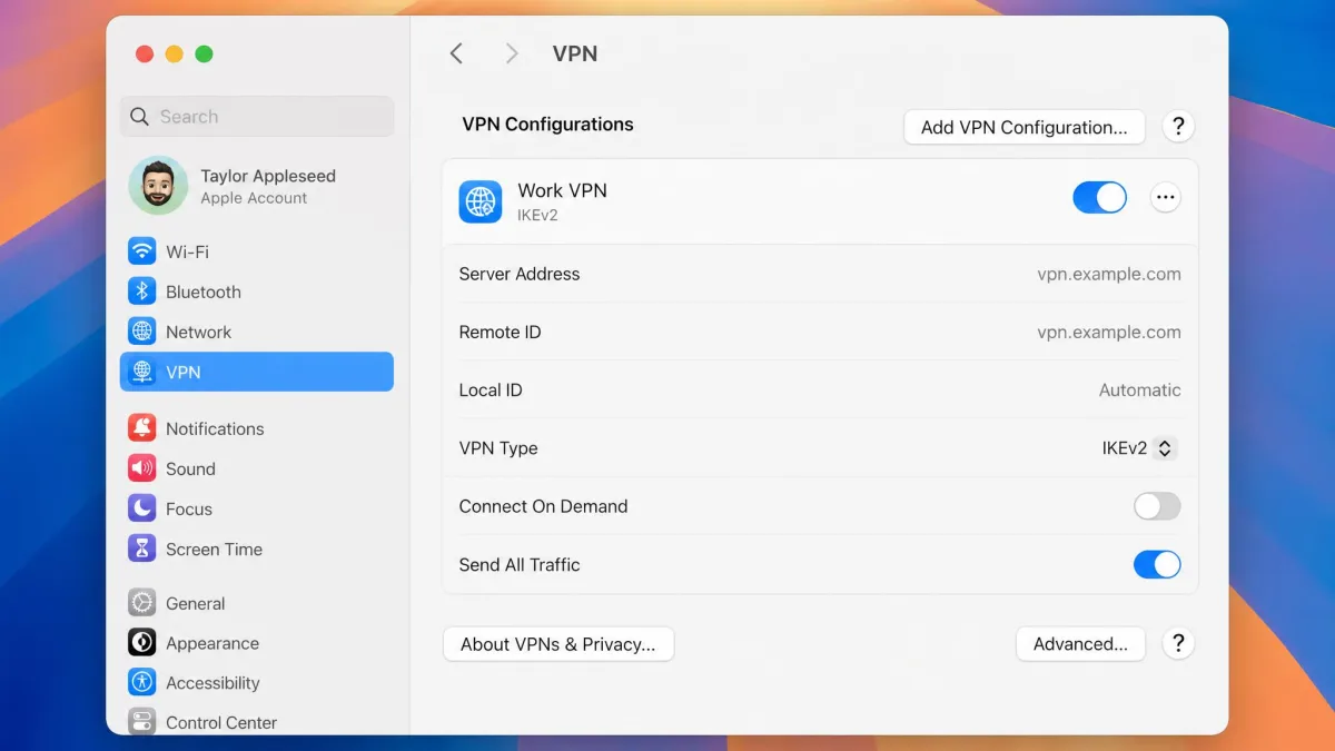 The macOS System Settings VPN pane showing an added VPN configuration with server address and VPN type fields, and a connect toggle set to on.