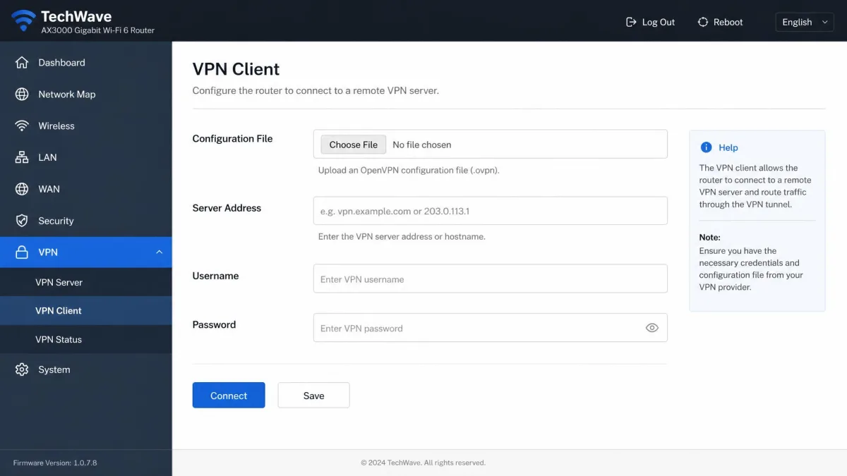 A router admin dashboard open to its VPN client settings page, with fields for a configuration file upload, server address, username, and password.