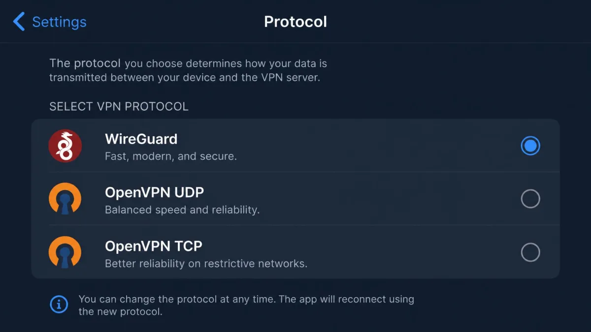A VPN app settings screen listing selectable protocols including WireGuard, OpenVPN UDP, and OpenVPN TCP, with WireGuard currently selected.