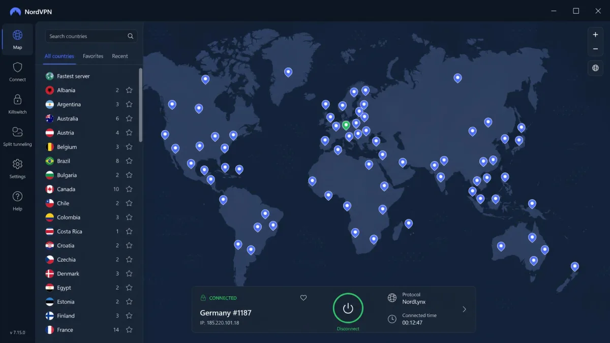 A VPN app world map view with dozens of server-location pins across multiple continents and a scrollable country list along the side.