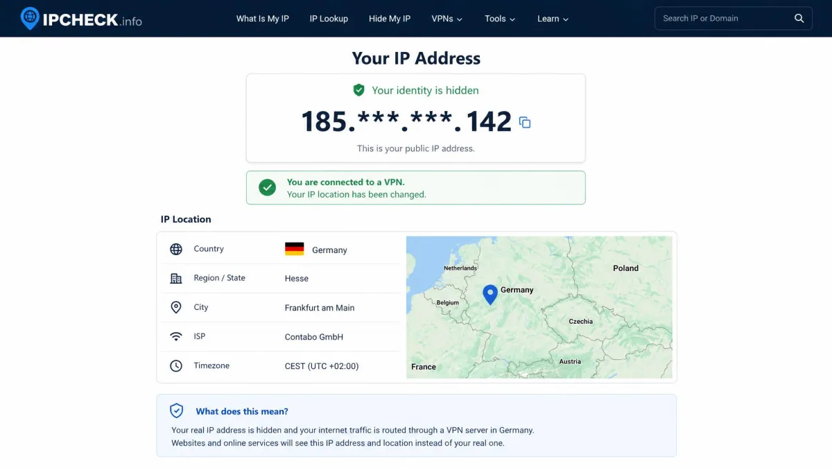 An IP-checking website results page showing a masked IP address and a foreign country location after connecting to a VPN server, confirming the location changed.