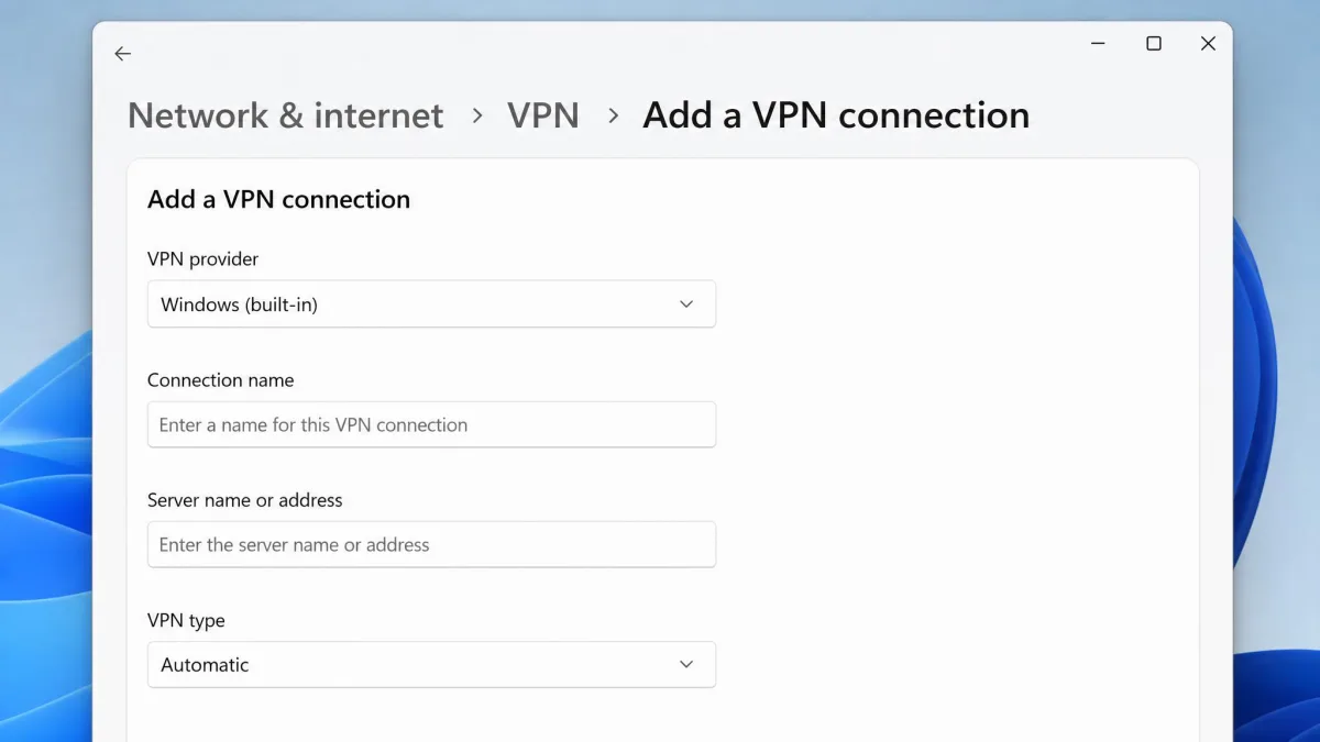 The Windows 11 Add a VPN connection form showing the provider dropdown set to Windows built-in, plus fields for connection name, server address, and VPN type.