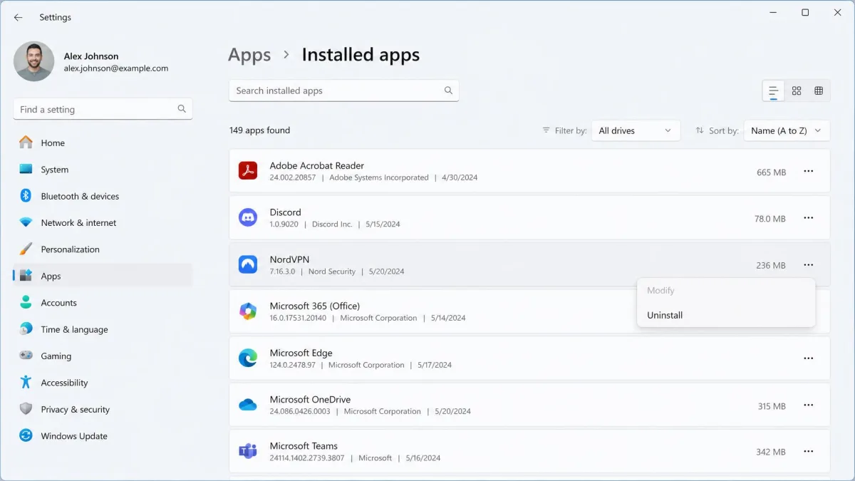 Windows 11 Settings on the Installed apps screen with a VPN application selected and the Uninstall option visible in its overflow menu.