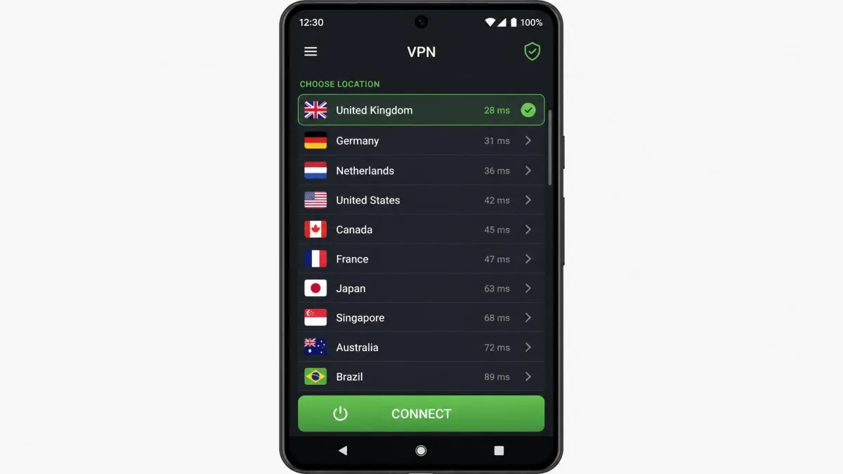 Android VPN app showing a scrollable country server list with the United Kingdom selected and a large Connect button at the bottom of the screen.