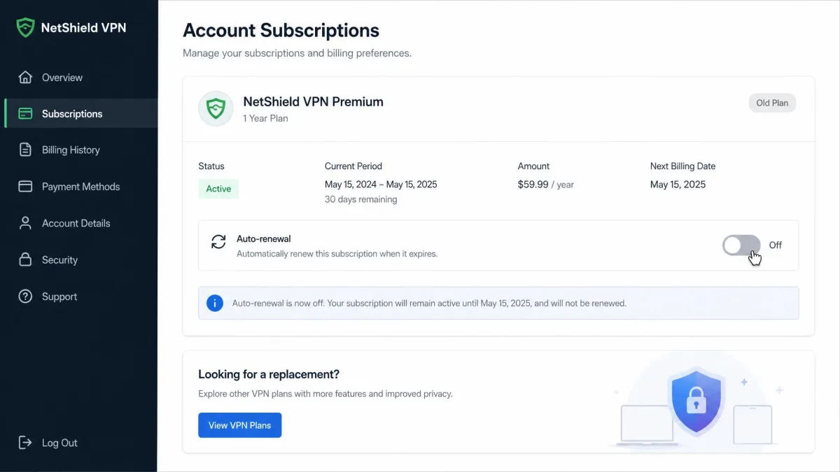Account subscriptions page showing an old VPN plan with the auto-renewal toggle being switched off before installing a replacement service.