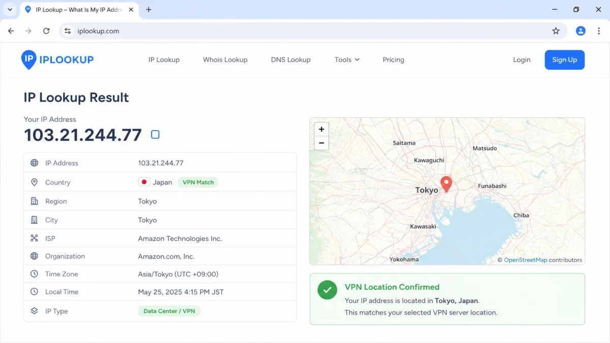 IP lookup website in a browser showing an IP address mapped to Tokyo, Japan, confirming the VPN server country matches the selected location.