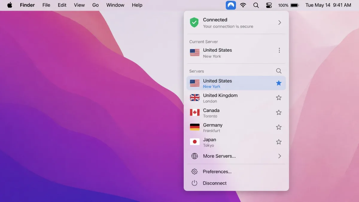 macOS menu bar with a VPN app dropdown open, showing a connected status, the current server country, and a server selection list.