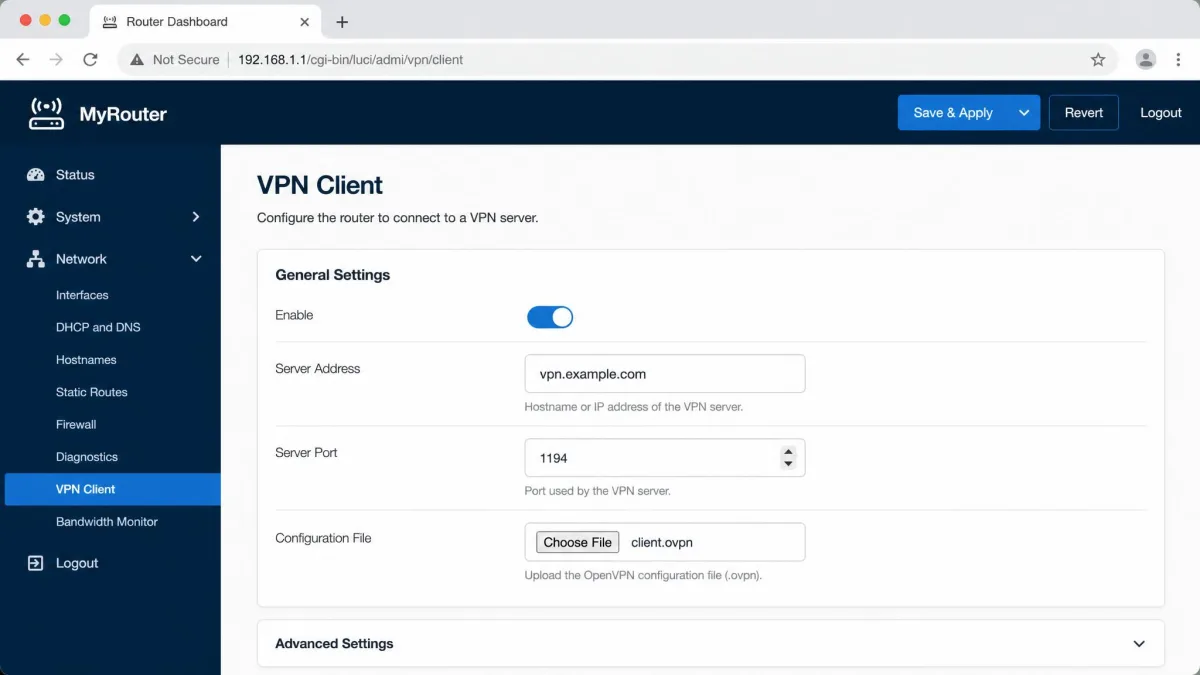 Router admin dashboard in a browser showing the VPN client configuration page with fields for server address and a config file upload button.