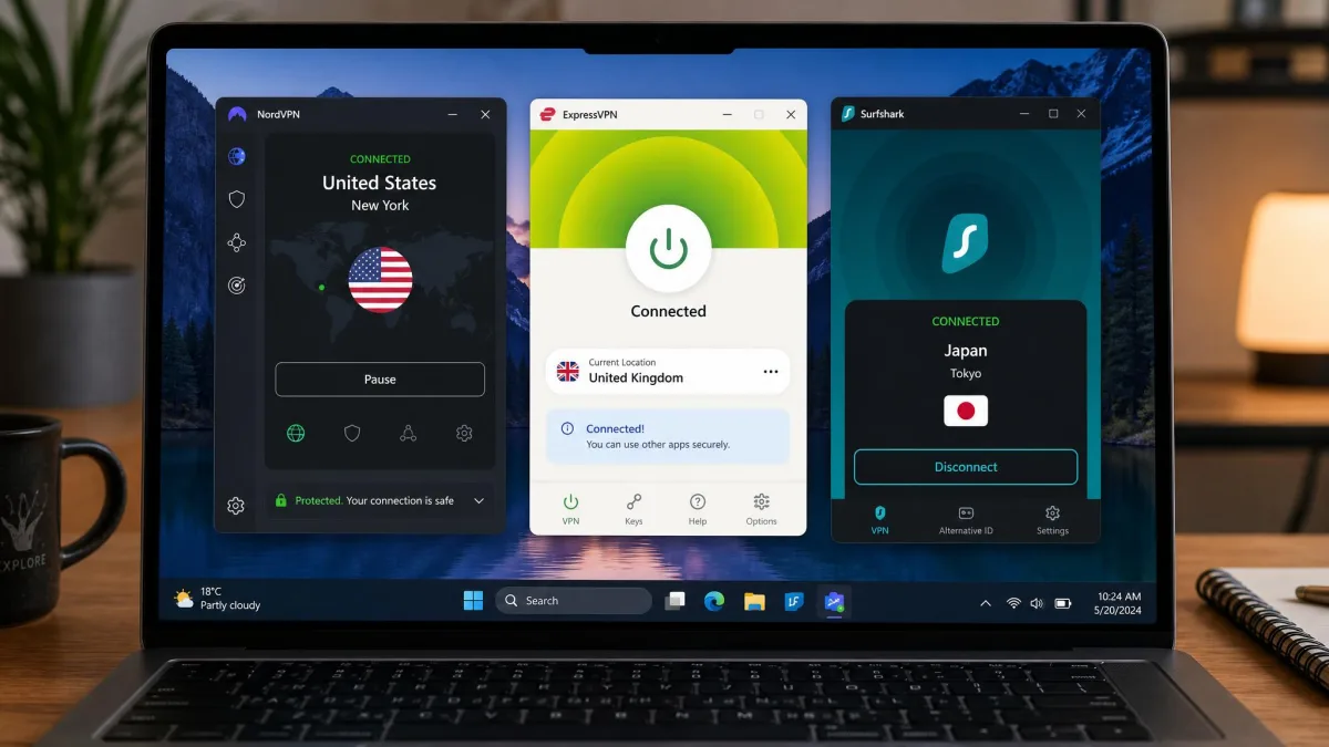 Three VPN desktop apps open side by side on a laptop, each showing a different country connection and a connected status indicator.