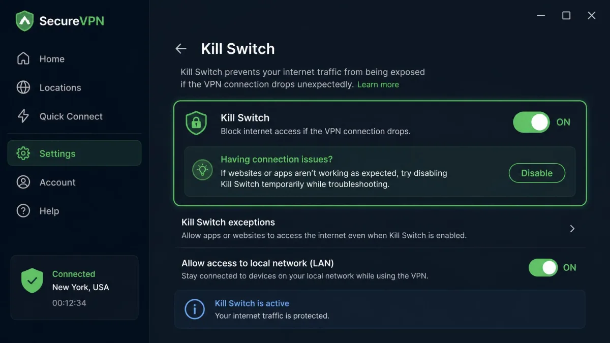 VPN app settings screen with the kill switch toggle highlighted, showing the option to disable it during troubleshooting.