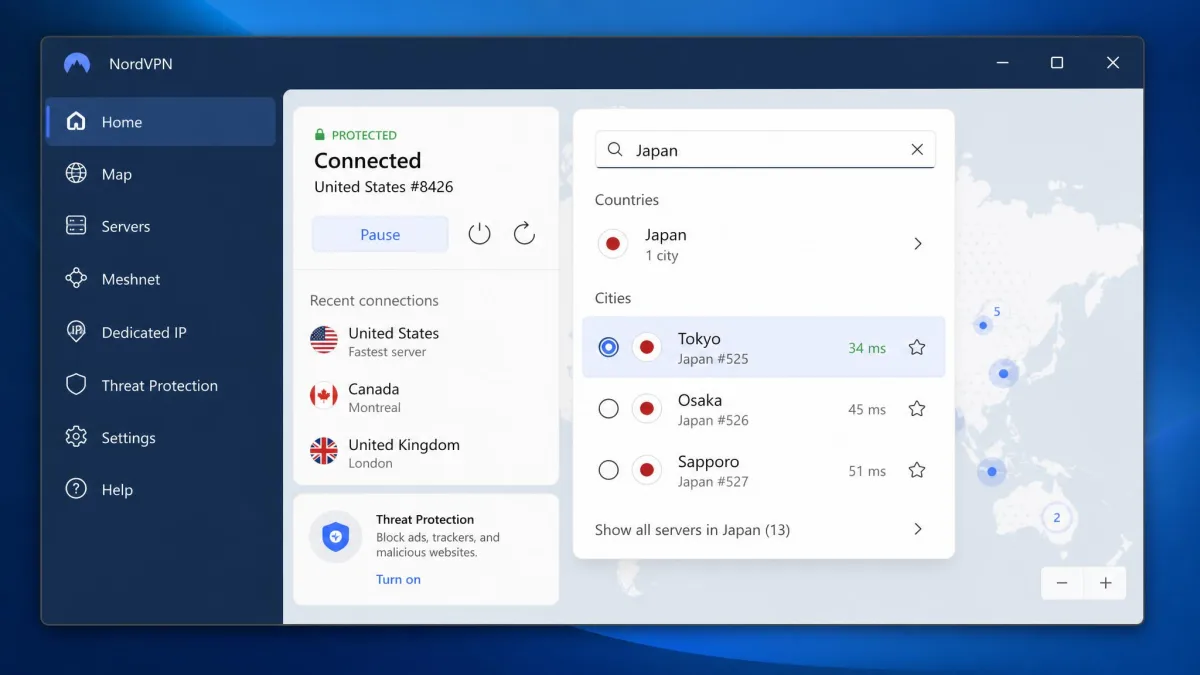 VPN desktop app with an open country selection menu, a search field reading "Japan," and a highlighted Tokyo server showing its ping in milliseconds.
