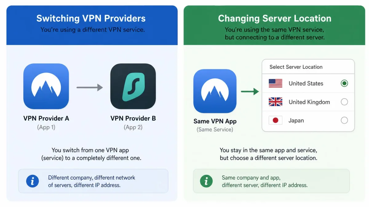 Side-by-side diagram contrasting switching VPN providers (two different app icons) with changing server location (one app, a country list showing the United States, United Kingdom, and Japan).