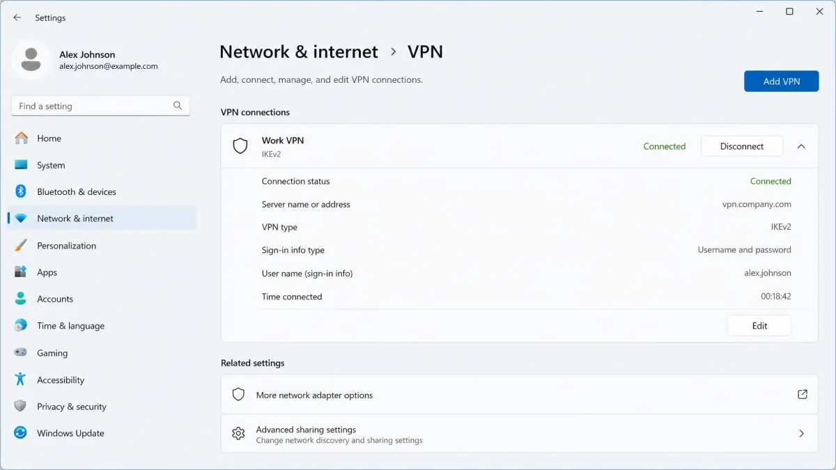 Windows 11 VPN settings screen under Network and internet, showing a connected VPN profile with a green status and a Disconnect button.