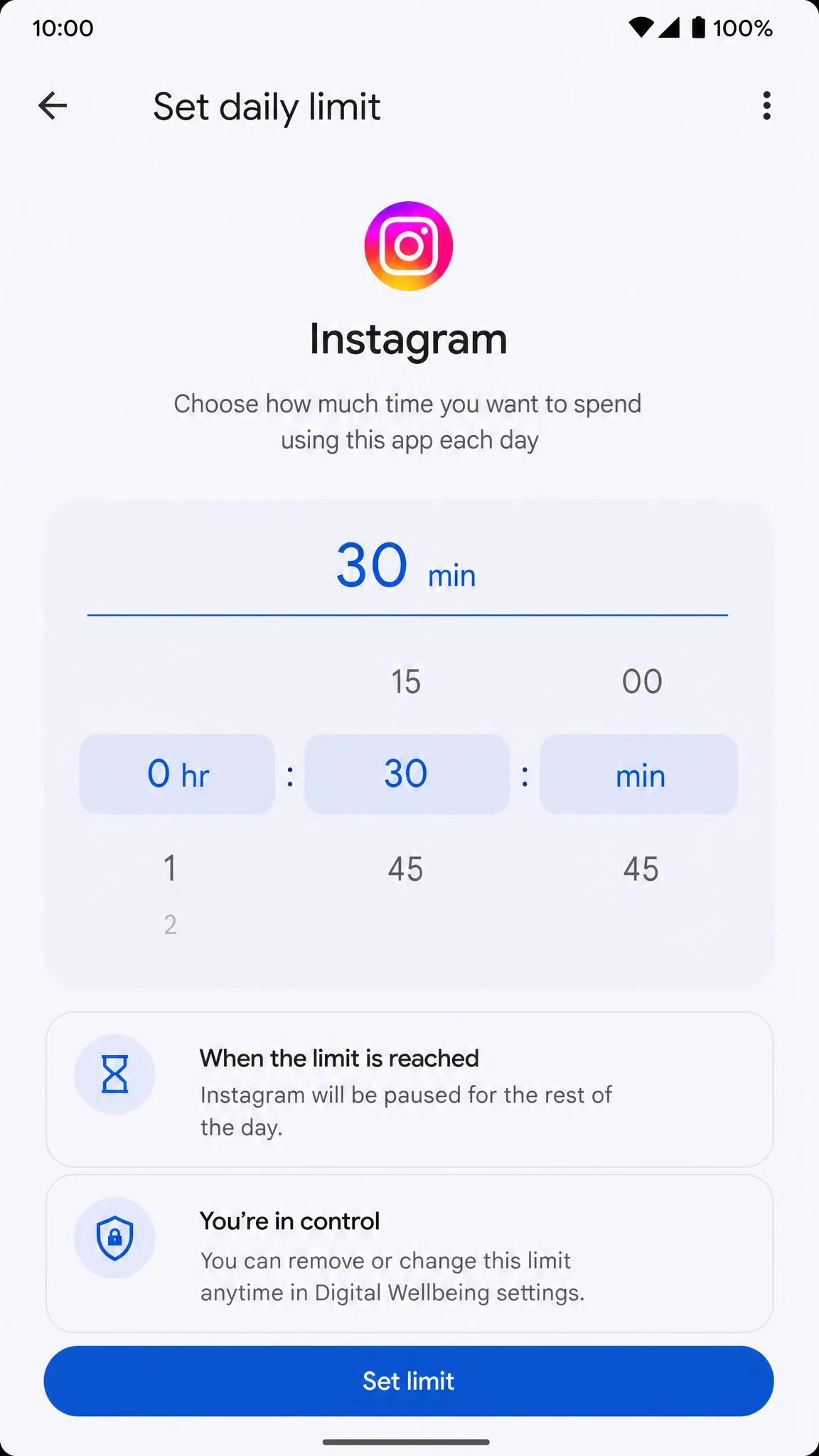 Digital Wellbeing app timer screen where a user sets a daily time limit for an app.