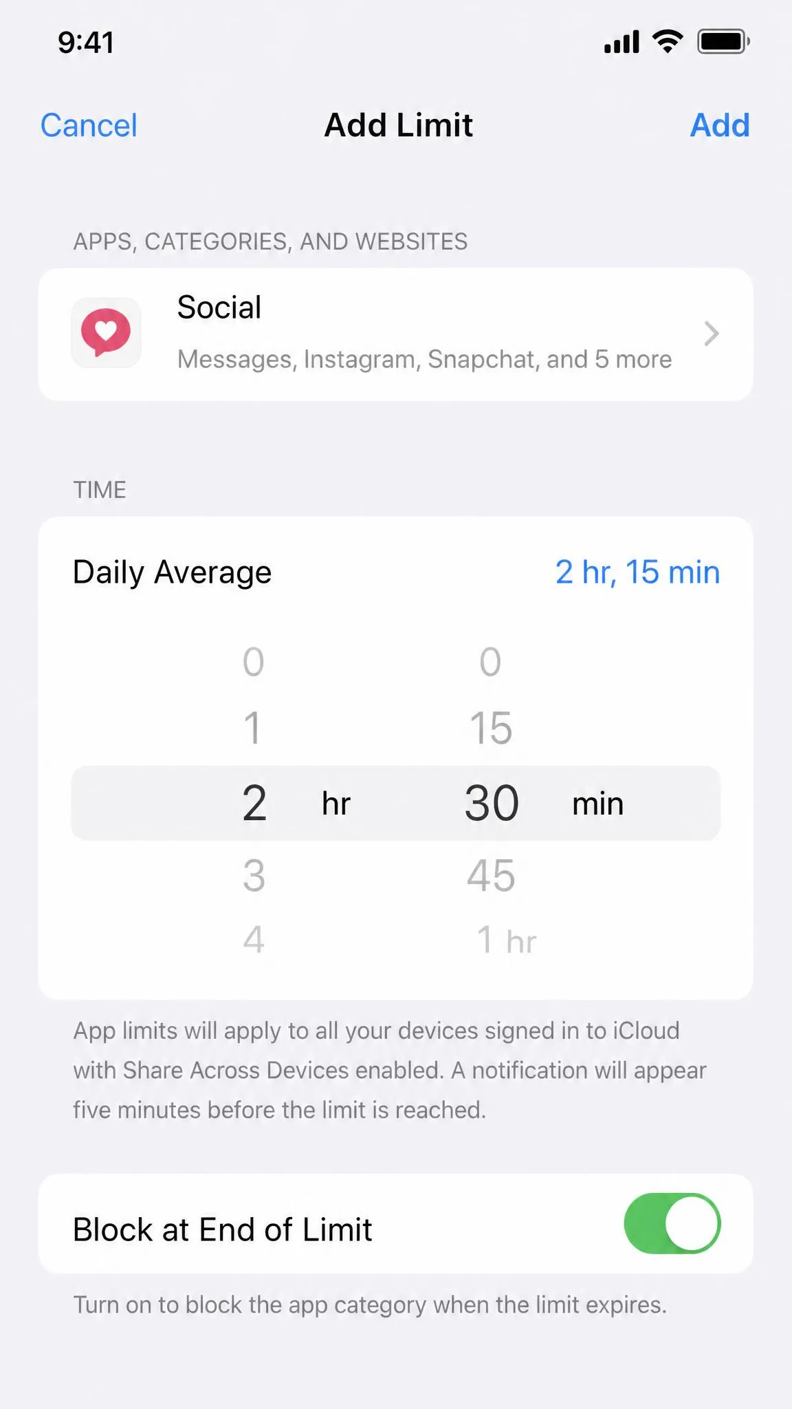 Screen Time App Limits screen with Add Limit, showing a daily cap being set for a single app category before it is saved.