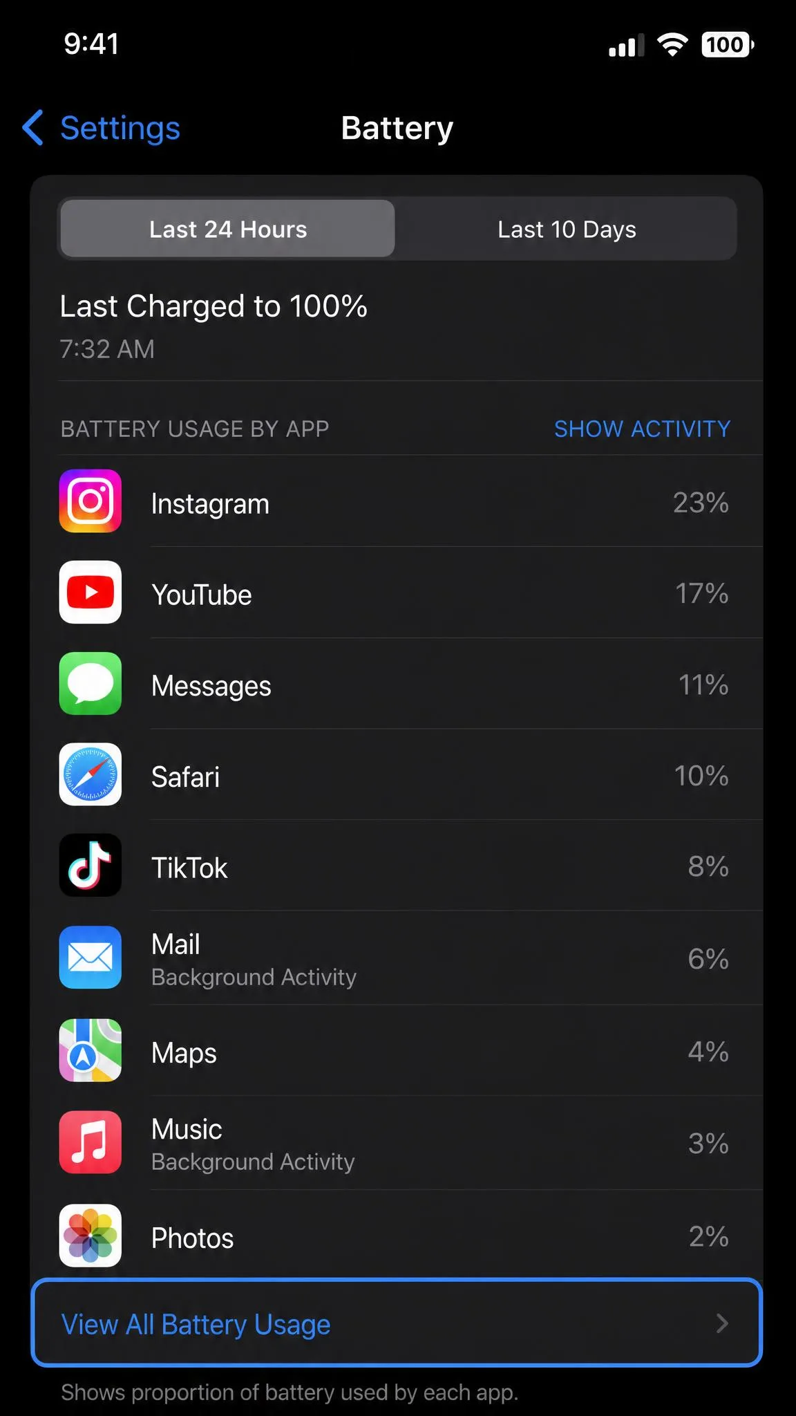 iPhone Battery settings screen listing each app's battery usage as a percentage, with the View All Battery Usage entry highlighted.