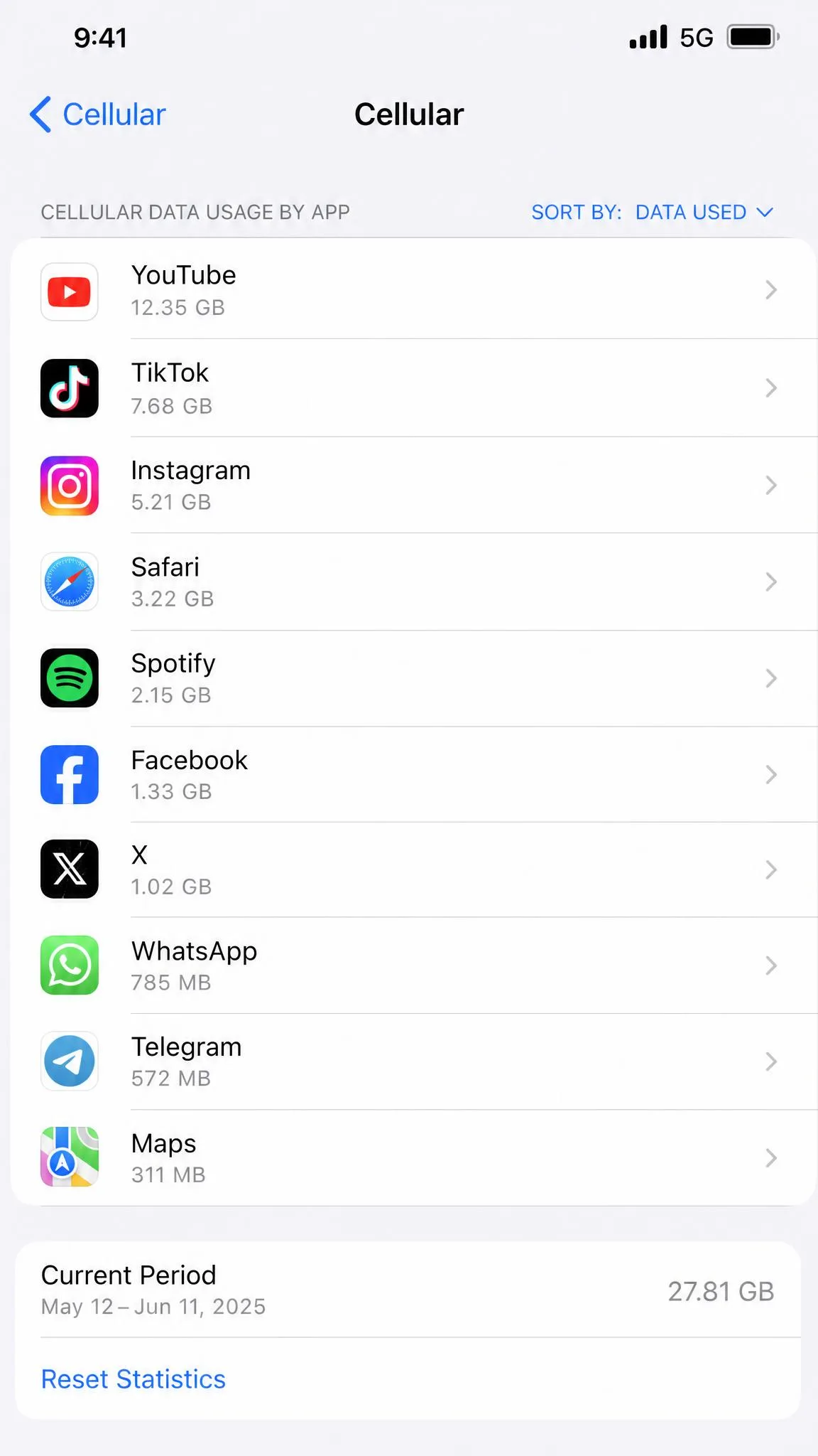 iPhone Cellular settings screen listing each app's cellular data usage sorted by size, with the Current Period total and Reset Statistics control at the bottom.