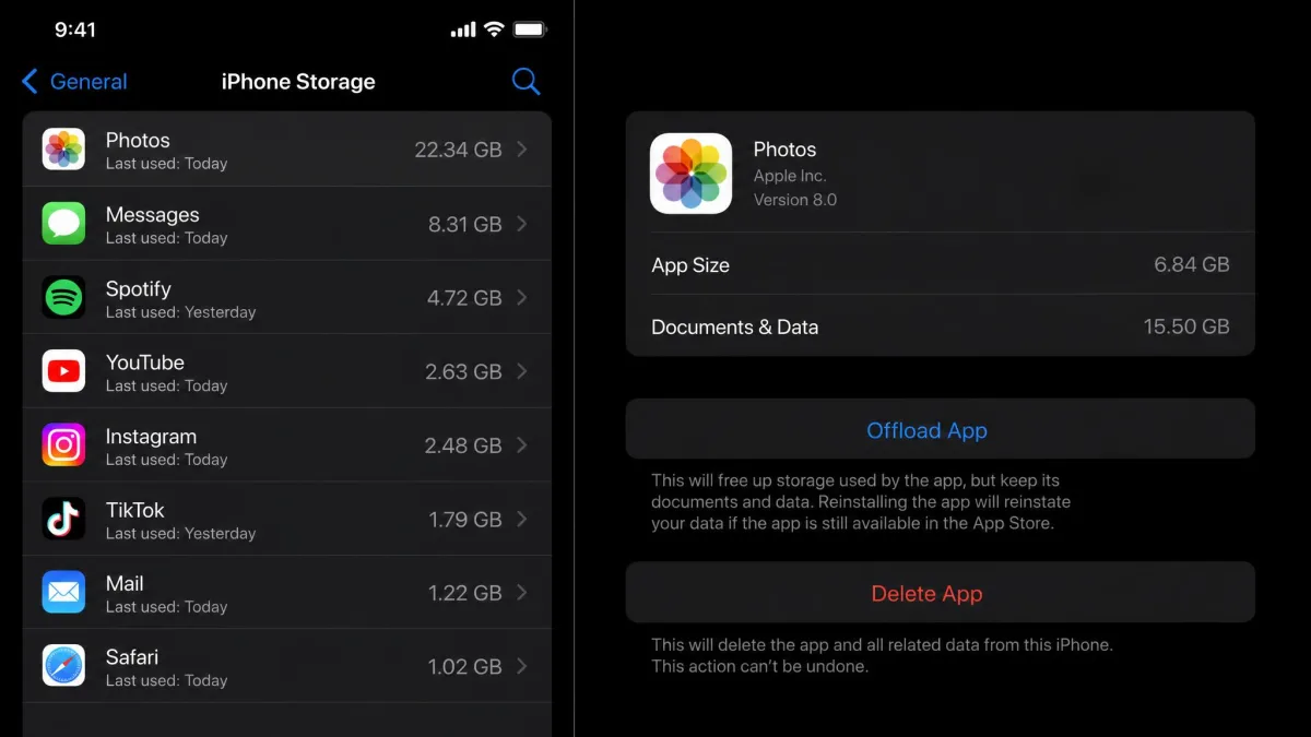 iPhone Storage screen showing the storage used by each app, with an app selected and the Offload App and Delete App buttons visible.