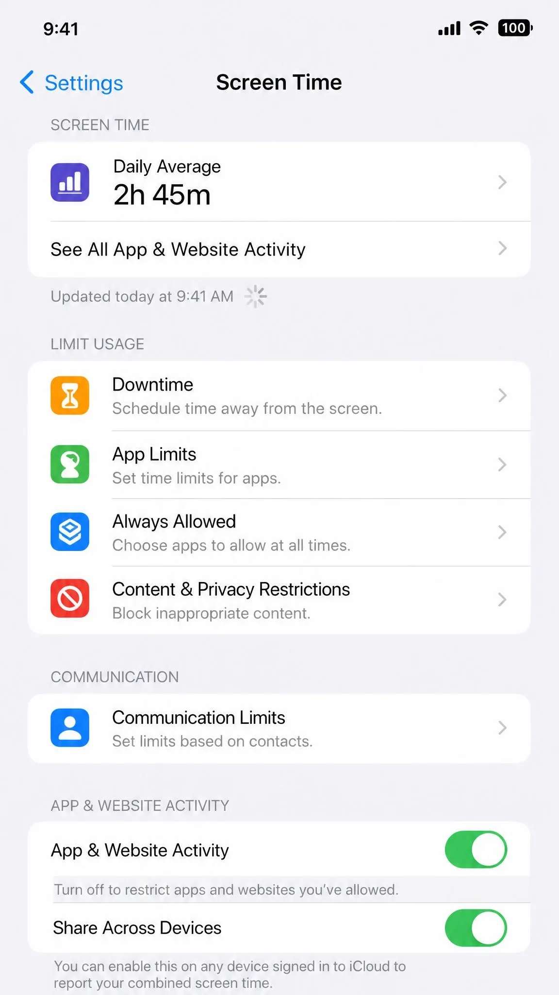 Screen Time settings screen showing the App & Website Activity toggle and the Share Across Devices switch used for common troubleshooting fixes.