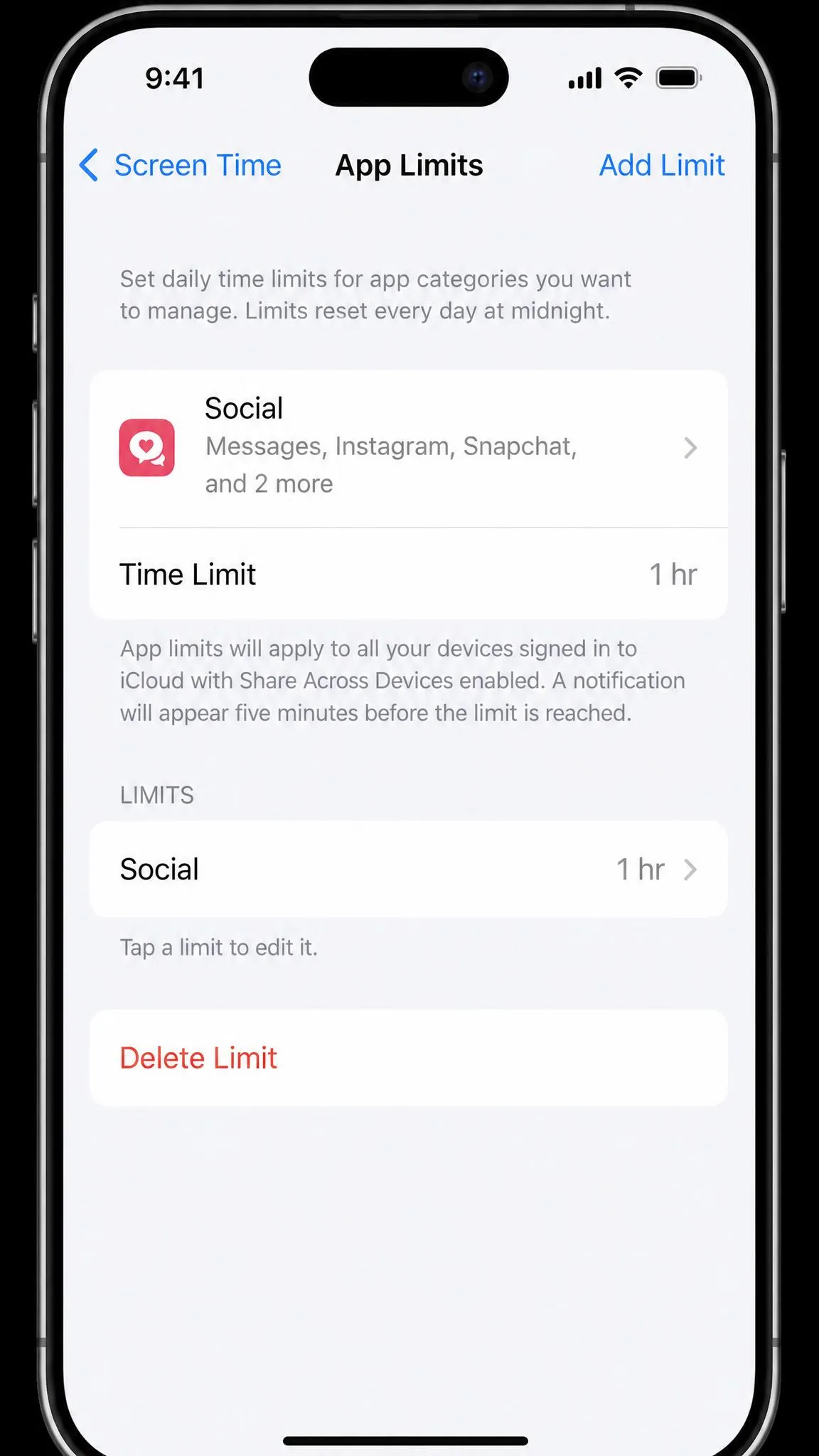 iPhone Screen Time App Limits screen with a daily time limit set for a specific app category.