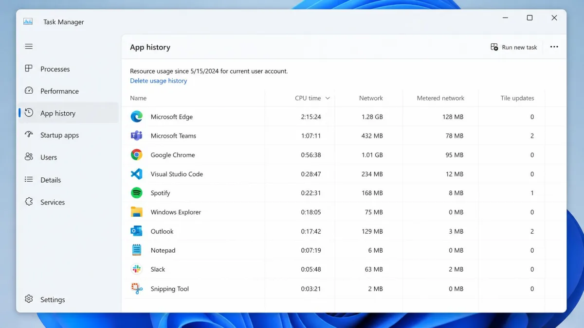 Windows 11 Task Manager App History tab showing CPU time and network columns for installed apps.